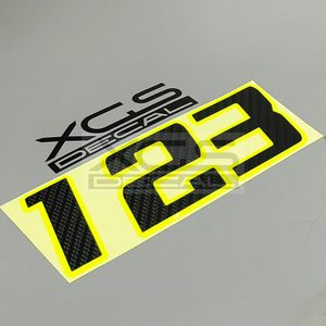 Autocollants décoratifs pour <span class=keywords><strong>moto</strong></span> et voiture en fibre de carbone noir avec bord jaune fluorescent, numéros numériques personnalisés - Product Image 4