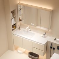 Nouveauté 2022 : Ensemble de meuble-lavabo de salle de bain moderne en bois massif et contreplaqué, avec plateau en pierre crème, vasque monobloc en céramique et éclairage LED tactile
