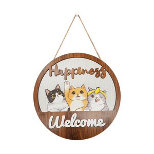 Circular Wooden Wall Sign With Cats Happiness Welcome <b>Home</b> <b>Decoration</b> <b>Rustic</b> Style - Product Image 1