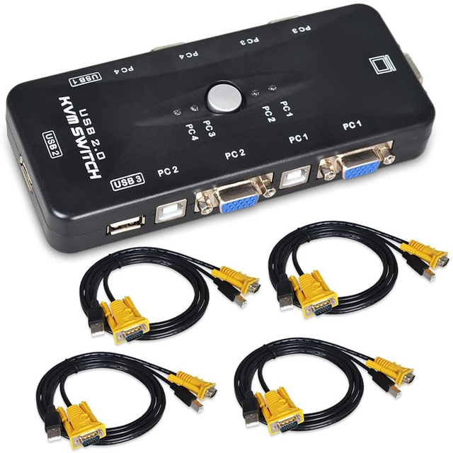 ALK-LINK USB Auto KVM Switch 4 Port with 4 USB VGA Cables for Keyboard Mouse Monitor in Stock