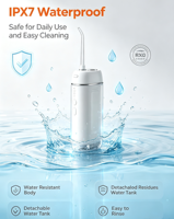 Irrigador Bucal Portátil, Limpiador Dental Eléctrico con 5 Modos, IPX7, con Almacenamiento de Boquillas, para Limpieza de Dientes y Aparatos Ortodóncicos