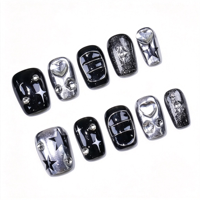 Faux ongles à presser faits main, courts, carrés, style gothique, avec motifs épines, cœurs, strass, crânes, croix, étoiles, paillettes argentées, ongles en gel, vente en gros
