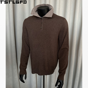 Custom Double Collar Knit <b>Shirt</b> <b>Men</b> <b>Brown</b> Tan Contrast Wool Blend Long Sleeve <b>Men'S</b> <b>Shirts</b> Manufacturers Bulk - Product Image 4