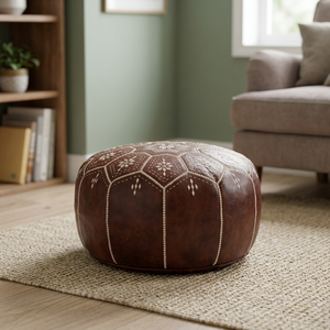 Housse de coussin pouf ronde en cuir véritable brodé, style bohème, faite à la main, unie, personnalisable, avec fermeture éclair, pour la décoration intérieure - Product Image 3
