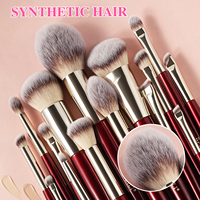 Ensemble de pinceaux de maquillage vegan à manche en bois rouge bordeaux de luxe, 15 pièces, personnalisable, pour fond de teint, poudre et blush, marque privée