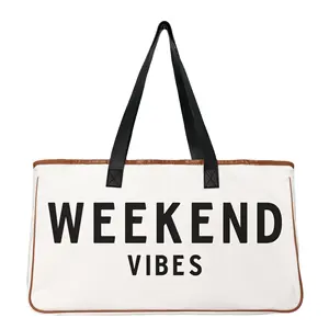 tote canvas Bag Hold Everything Collection Black and White 100% Cotton Canvas with Genuine Leather Handles, Large, Weekend Vibes