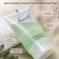 Shampooing et après-shampooing 2 en 1 pour hôtel, spa et resort, tube givré écologique, logo personnalisé imprimé.