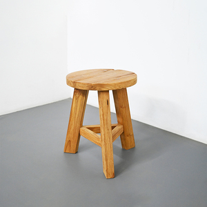 Old Teak Stool with Sustainable Reclaimed Wood and Triangle <b>Legs</b>, Natural Weathered Texture Round Stool for Home Decor - Product Image 2