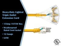 Cable de alimentación transparente de servicio pesado certificado UL Cable de extensión para exteriores de 100 pies 16/3 12/3 Sjeoow 5-15P con conector de 3 grifos 5-15r
