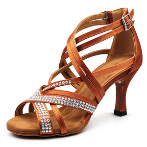 Scarpe da <span class=keywords><strong>Ballo</strong></span> Latino con Tacco 7cm in Raso Marrone e Strass, Nuova Collezione per Donne - Product Image 3
