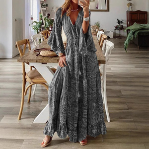 Europa und Amerika Simian Style Kleid Trompeten ärmel Druck V-Ausschnitt Kleid mit hoher Taille Holiday Floral Dress - Product Image 3
