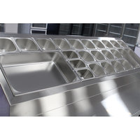 Plan de travail industriel en acier inoxydable à double porte, certifié CE, haute efficacité, sans givre, pour préparation de salades et pizzas, avec cloison en verre et refroidissement par air