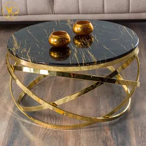 First Class Quality Living Room Gold frame black glass Top Coffee Table Round Coffee Table