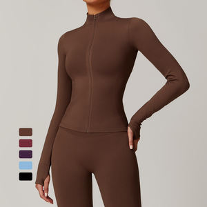 Col montant sans couture élastique coupe ajustée fermeture éclair complète haut de yoga à manches longues pour femme vêtements de sport veste à glissière d'entraînement - Product Image 1