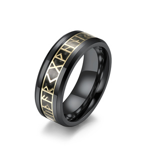 Viking Script Carbon Fiber <b>Titanium</b> Steel <b>Ring</b> Men's Black Gold Inlay Nordic Style Jewelry Gift - Product Image 1