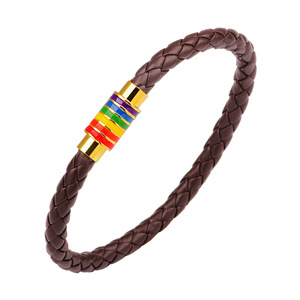 Woven <b>Leather</b> <b>Bracelet</b> Rainbow Enamel Metal Pieces Unisex Jewelry Gift Black Brown Braided Style - Product Image 4