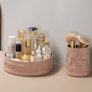 European style leather desktop <b>storage</b> basket, miscellaneous item tray, cosmetic <b>storage</b> <b>box</b>, decorative woven basket <b>storage</b> - Product Image 3