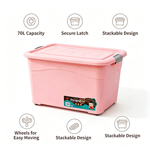 Caixa de Armazenamento Plástica Grande de <span class=keywords><strong>70L</strong></span> com Tampa e Rodas Empilhável Durável para Armazenamento Doméstico de Roupas e Brinquedos - Product Image 3