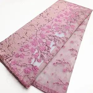 NI.AI Pink Net Lace Poliéster Jacquard Tela Brocade Tela Jacquard Tela Brocade Bordada