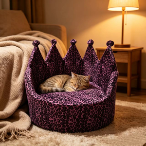 <strong>Canopy</strong> Cat Princess Crown Throne Luxury Pet <strong>Bed</strong> for Cats <strong>Dogs</strong> Soft PP Cotton Plush Removable Washable Purple Leopard All Seasons - Product Image 5