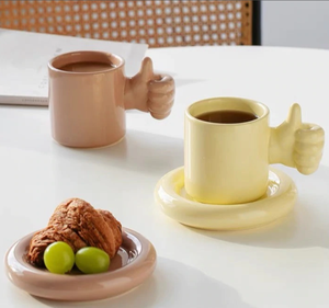 Juego de tazas y platillos de café de estilo nórdico moderno, conjunto de té de cerámica con pulgares hacia arriba de varios colores, con energía positiva para la vida diaria - Product Image 2