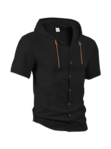 American linen <b>men's</b> shirt foreign trade fashion casual summer breathable thin hooded short-sleeved <b>cardigan</b> jacket - Product Image 4