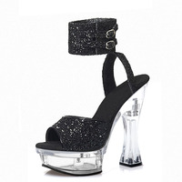 Chaussures de Modèle Sandales 14cm Bout Ouvert Plateforme de Danse sur Poteau Pantoufles Taille 46 Mode Danseuse Exotique Sexy Fétiche Paillettes Rose