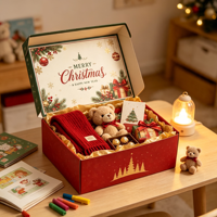 Weihnachtsgeschenkbox für Kinder mit Goldprägung, Feiertagspaket für Teddybär, Schal, Schokolade, Buntstifte, Buchset, Display-Großhandel