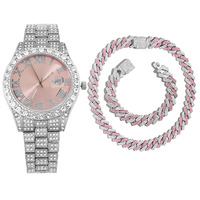 Ensemble 3 pièces de montres hip hop ensemble collier bracelet argent rose montre cadeau ensemble montres-bracelets à quartz de luxe pour femmes montre glacée pour femmes