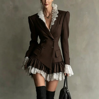 Nouvelle Robe Blazer Élégante Femme Printemps/Été 2026 en Laine/Soie, Col Cranté, Double Boutonnage, Style Commuter, Patchwork Color-Block