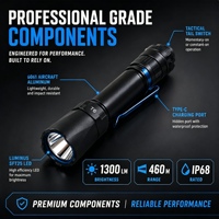 Linterna Táctica LED de Alta Potencia, 1300 Lúmenes, Resistente al Agua IP68, Alcance de 400-500M, Recargable por USB, Paquete Completo Industrial