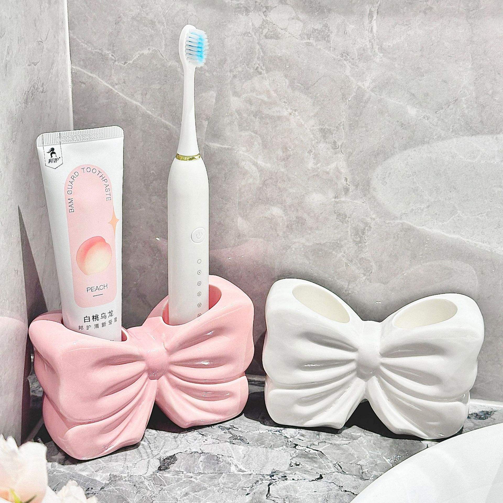 Pink Butterfly Toothbrush Holder - Acrylic Organizer With Drain Holes For Electric Toothbrush & Paste