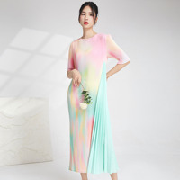 Robe midi plissée dégradé arc-en-ciel - Manches mi-longues, design ombré coloré, robe élégante pour femme, idéale pour Noël