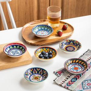 Assiette en grès de style bohème marocain, bol à sauce coloré, ensemble de plats à sauce pour la cuisine à domicile, compatible micro-ondes et lave-vaisselle - Product Image 1