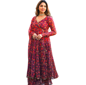 Readymade Indian Digital Print Sharara Gharara Kurti Set, tessuto Georgette, abbigliamento etnico di design pakistano 3 pezzi Set all'ingrosso - Product Image 1