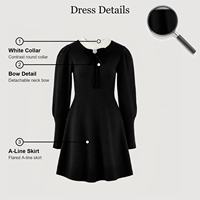 CHIU SHUI Robe en tricot noir avec col à nœud blanc, manches longues, robe midi trapèze pour femme
