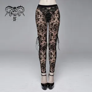 PT10702 Devil Fashion braun gotisch gemusterter elastischer Bund Herbst sexy Frauen Blumen dünne Mesh Leggings schnüren lange Hosen