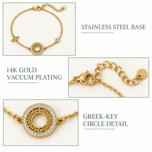 Pulsera de Acero Inoxidable con Diseño de Llave Griega Dorada y Zirconia, Baño de Oro de 14K al Vacío, Cadena con Acentos Florales - Product Image 3