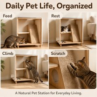 Condo multifonctionnel pour chat en bois et feutre avec gamelles en acier inoxydable pour le repos, l'escalade et le grattage