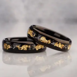Private Custom Jewelry Gold Leaf Meteorite 6/ 8mm Black Tungsten Ring Fashion Tungsten Ring Tungsten Carbide Wedding Rings
