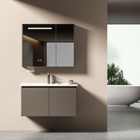 Meuble de salle de bain de luxe personnalisé avec vasque en céramique, miroir intelligent, style moderne minimaliste, armoire en aluminium nid d'abeille, pour hôtel et salle à manger