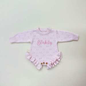 Tutina Estiva in <span class=keywords><strong>Cotone</strong></span> Biologico con Ricamo a Limoni, Puntini e Volant, Personalizzabile, Abbigliamento in Maglia per Neonati - Product Image 4