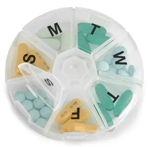 Contenedor de pastillas de 7 días, caja organizadora de medicamentos redonda, estuche recordatorio de pastillas de semana diaria amigable con el viaje, vitamina sin BPA