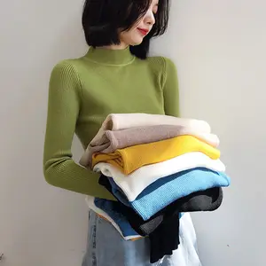 Nuovo maglione mezzo dolcevita verde avocado tinta unita maglione corto lavorato a maglia con scollo medio attillato retrò da donna