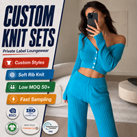 Ensemble tricoté deux pièces pour femme, coupe ajustée, longueur intégrale, en maille côtelée pointelle, couleur unie, col en V, boutonnage frontal, comprenant un pull et un cardigan