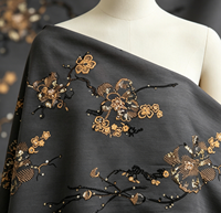 Tissu en Chiffon Gris Foncé avec Broderie de Fleurs de Prunier Noires et Dorées, Style Oriental pour Robes de Soirée, Abayas, Garçons