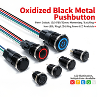 Bouton poussoir lumineux en métal anodisé noir, rond, momentané ou à enclenchement, avec LED, pour contrôle d'alimentation, 12, 16, 19, 22 mm