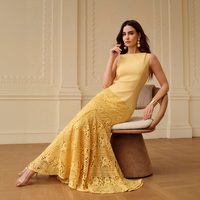 Robe de soirée sirène élégante jaune en dentelle sans manches pour femme, idéale pour mariage, fabrication sur mesure en petites séries, vente rapide en gros