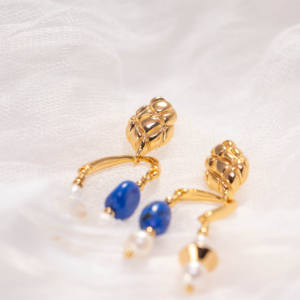 Pendientes Colgantes Vintage de Oro Chapado con Lapislázuli y Perlas de Agua Dulce para Mujer, Pendientes de Aro Bohemios de Moda, Joyería de Lujo para Fiesta - Product Image 2