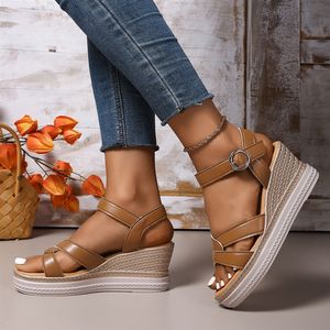 Nouvelles sandales compensées pour femmes, bout rond, semelle en caoutchouc antidérapante, chaussures confortables pour la marche quotidienne et les occasions décontractées - Product Image 4